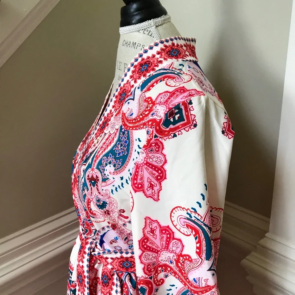 NWT Goodnight Macaroon Lola Dress Womens Small Red Blue Long Sleeve V-Neck Belt - Picture 9 of 12